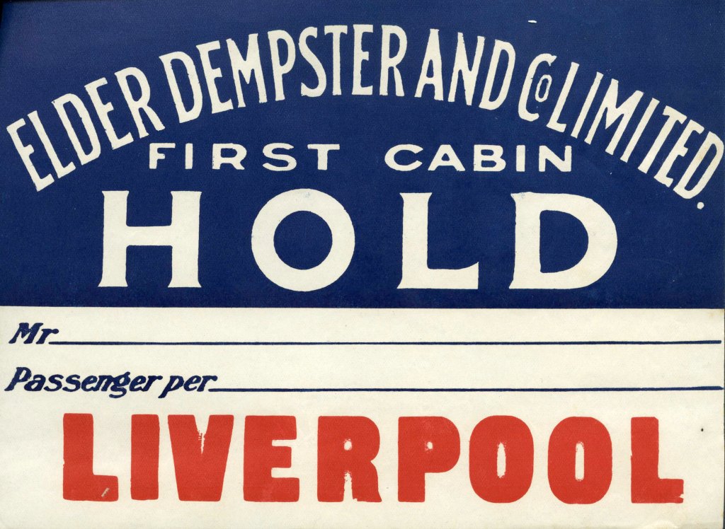 Baggage label for Elder Dempster and Co. Limited Liverpool, EDCM/8/041, Elder Dempster: Captain Morgan Archive Collection
